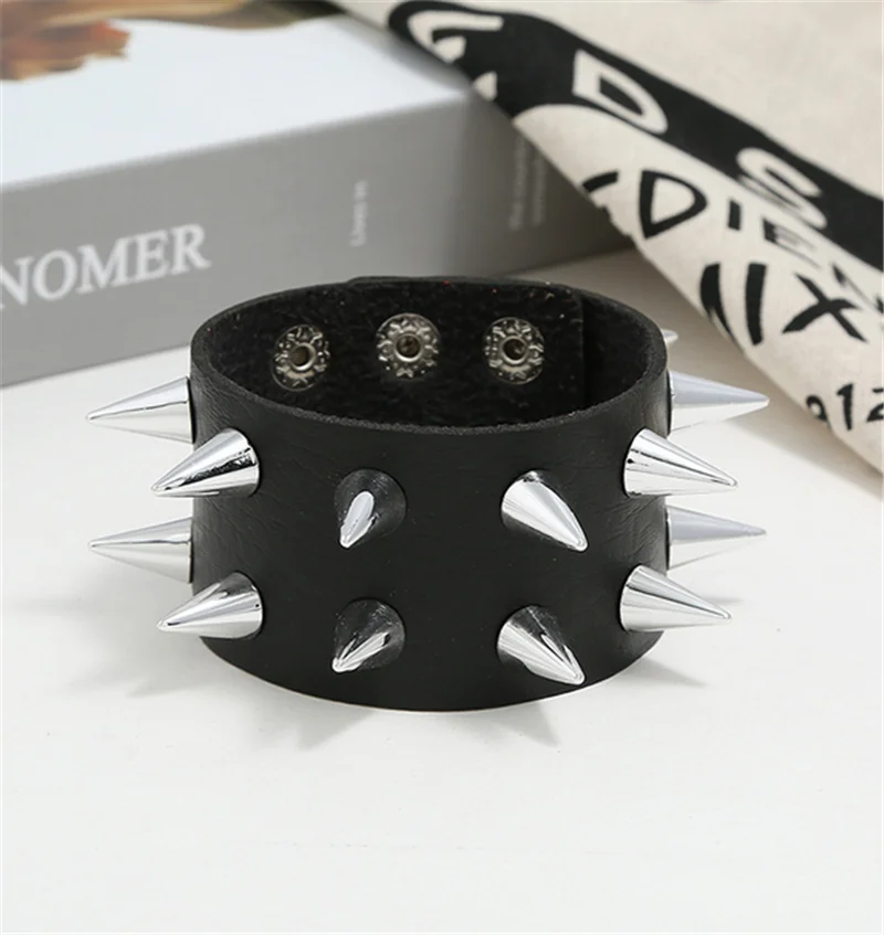 Three Row Cuspidal Spikes Rivet Stud Wide Cuff Leather Punk Gothic Rock Unisex Bangle Bracelet Men Jewelry