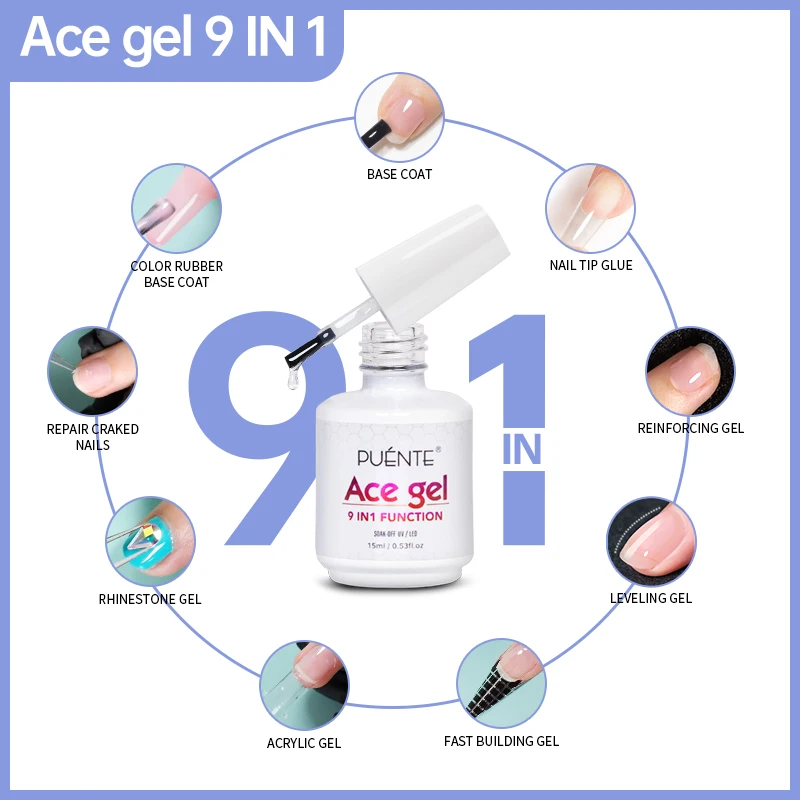 15ML Ace Gel 9-in-1 Nail Glue Gel Nail Polish Transparent Clear Function UV Gel Soak Off Nail Art Gel Varnish Thickness Base Gel