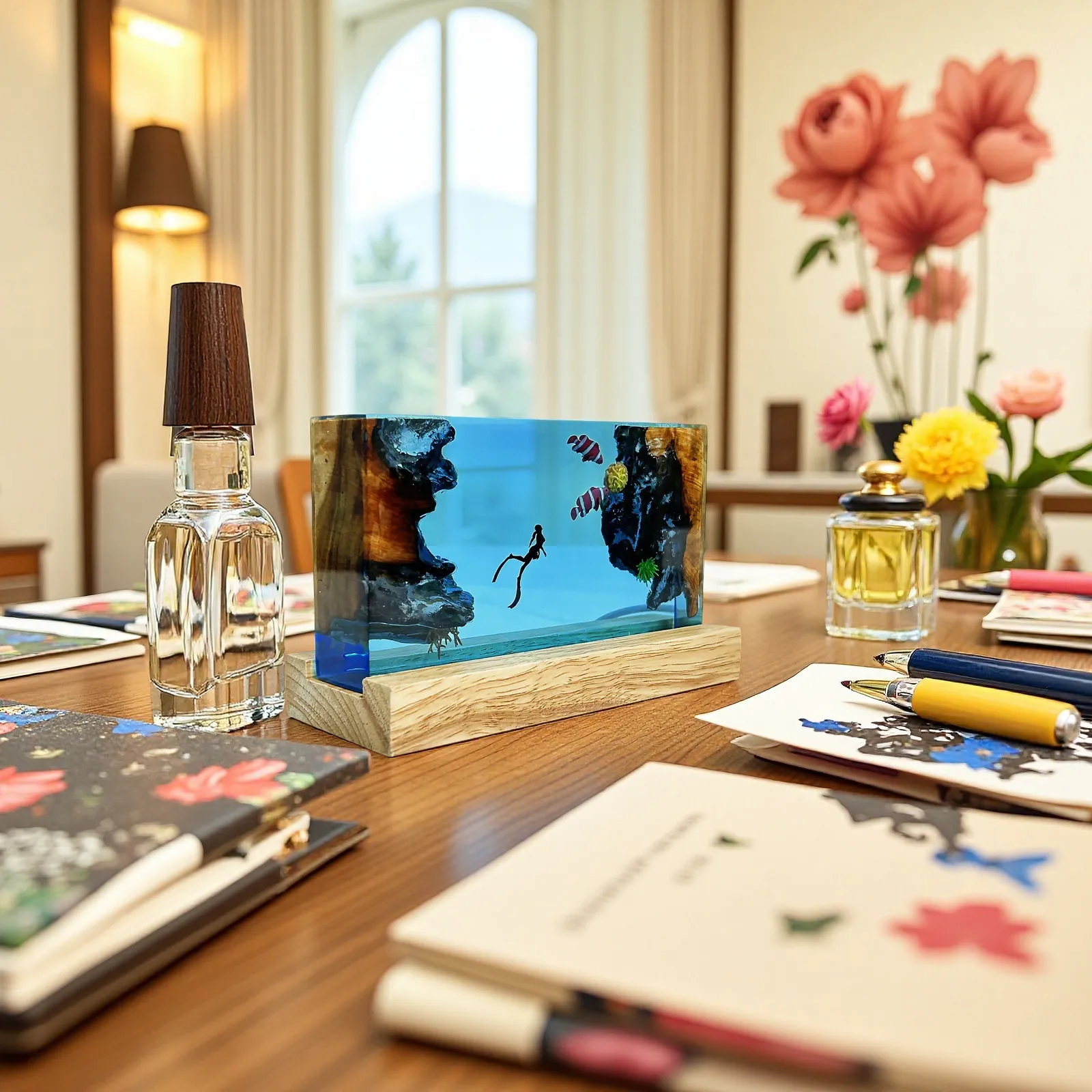 

Ocean Diving Transparent Resin Luminous Sculpture Ornament for Home Tabletop Decoration Craftwork Gift for Festivals