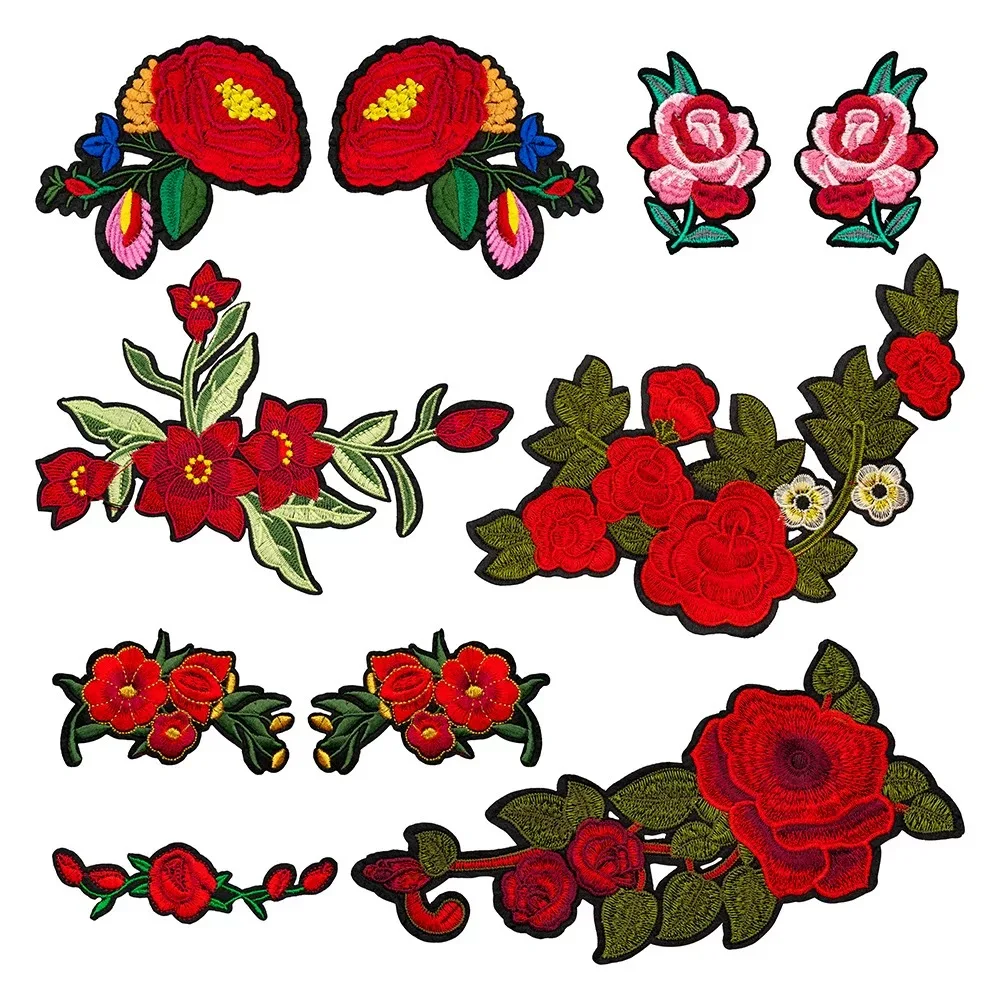 10pcs Embroidered Rose Peony Patches Iron On Flower Stickers Sewing Clothes Backpack Shoes Hat Sweater Wappen Badge Lot Bulk
