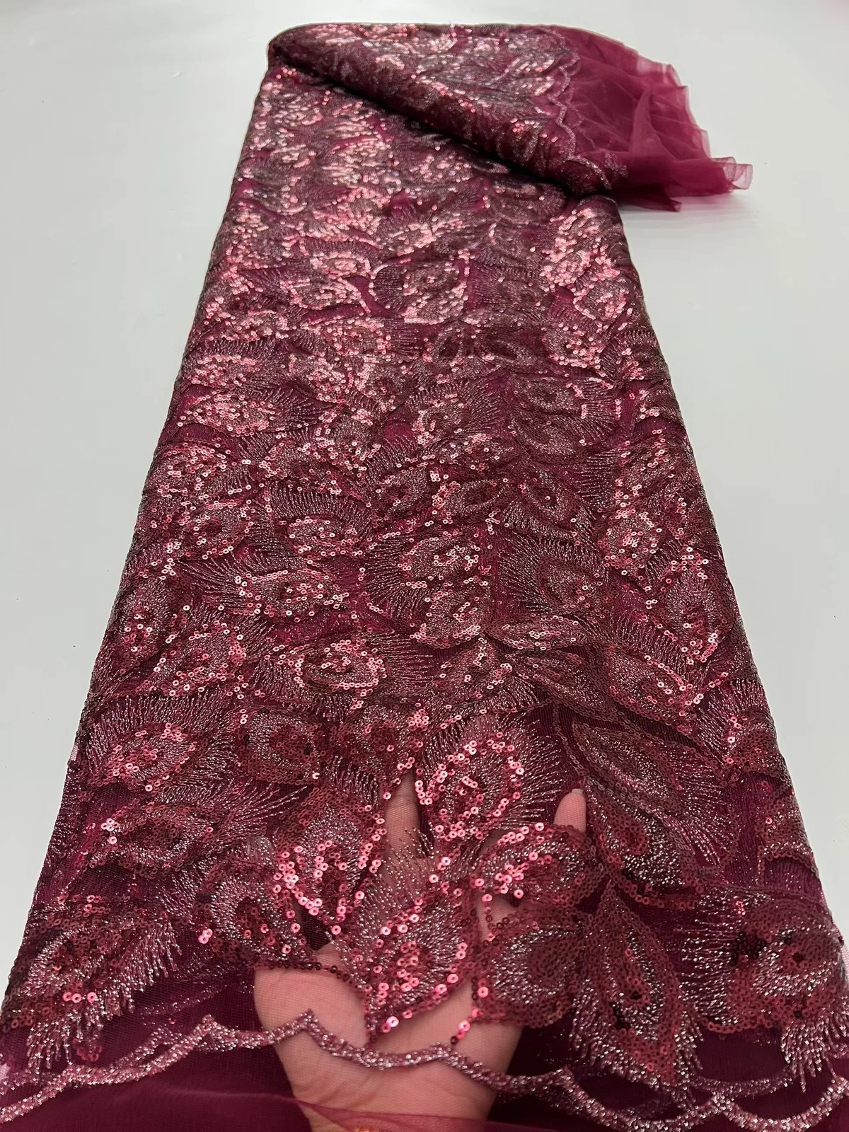 

Latest Wine Burgundy African Tulle Lace Fabir With Sequins 2025 High Quality French Nigerian Lace Fabric For Party Dress KR25143