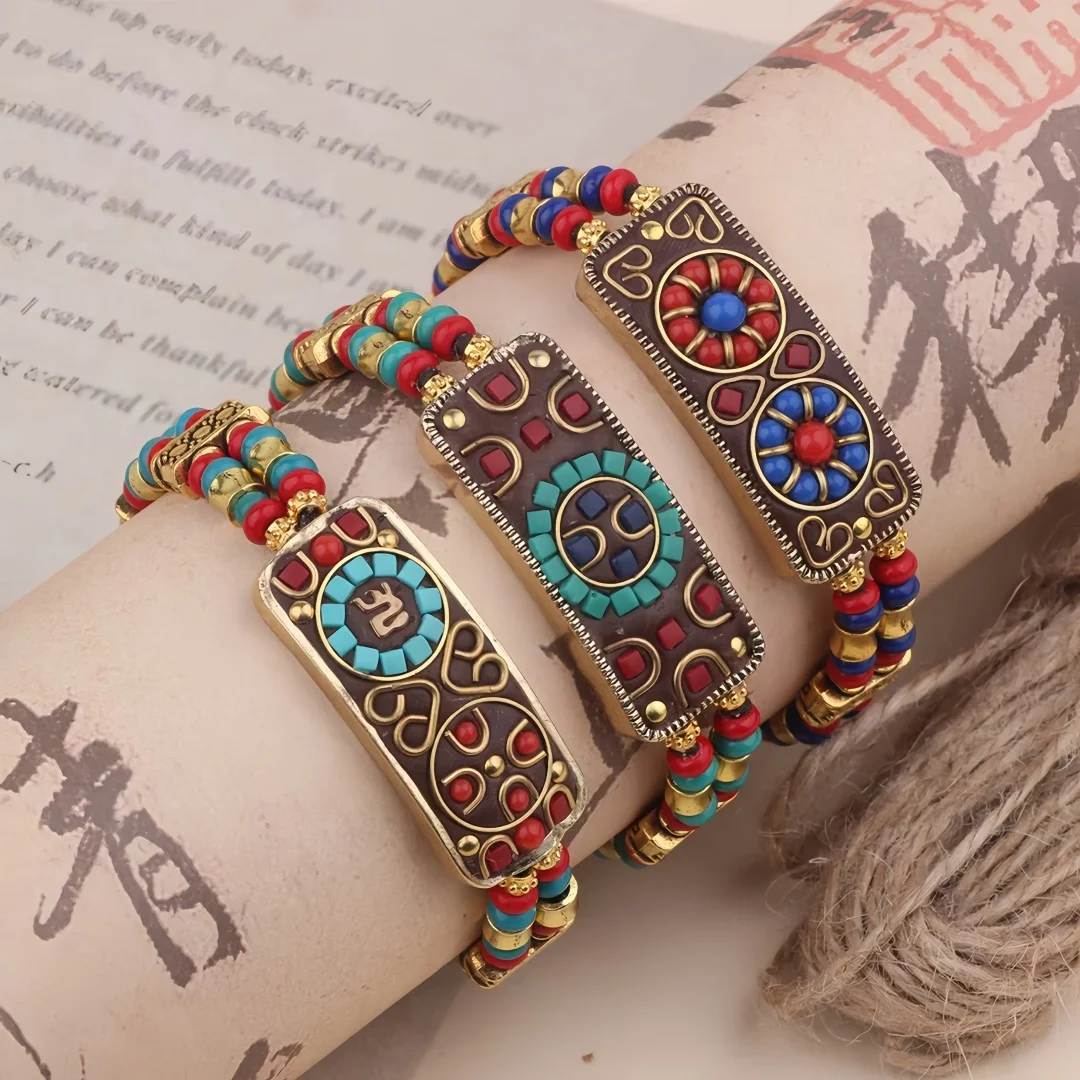 Nepal Retro Buddha Eye Double Row Rope Bracelet Tibetan Turquoise Red Bead Woven Ethnic Jewelry