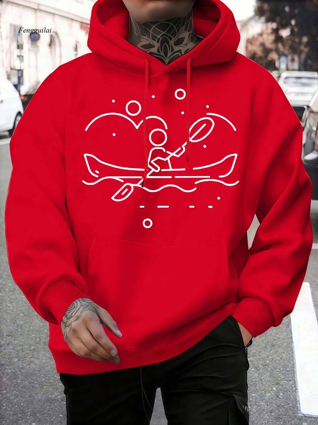 All-Season Olive Green Hooded Sweatshirt-Fleece Pullover with Kayak & Paddleboarding Graphic, Canoe Print Casual Sweater