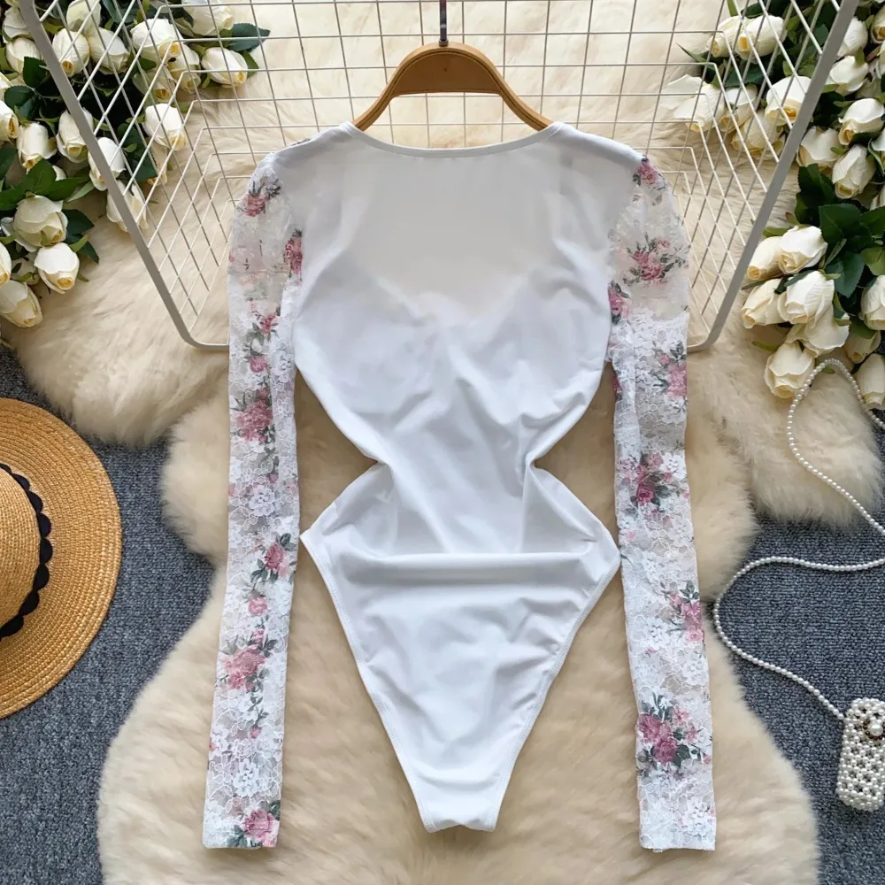 Sexy Lace Bodysuit Fashion Square Neck Long Sleeve One Piece Basic Hotsweet Women Print Gothic Slim Streetwear Jumpsuit Ins
