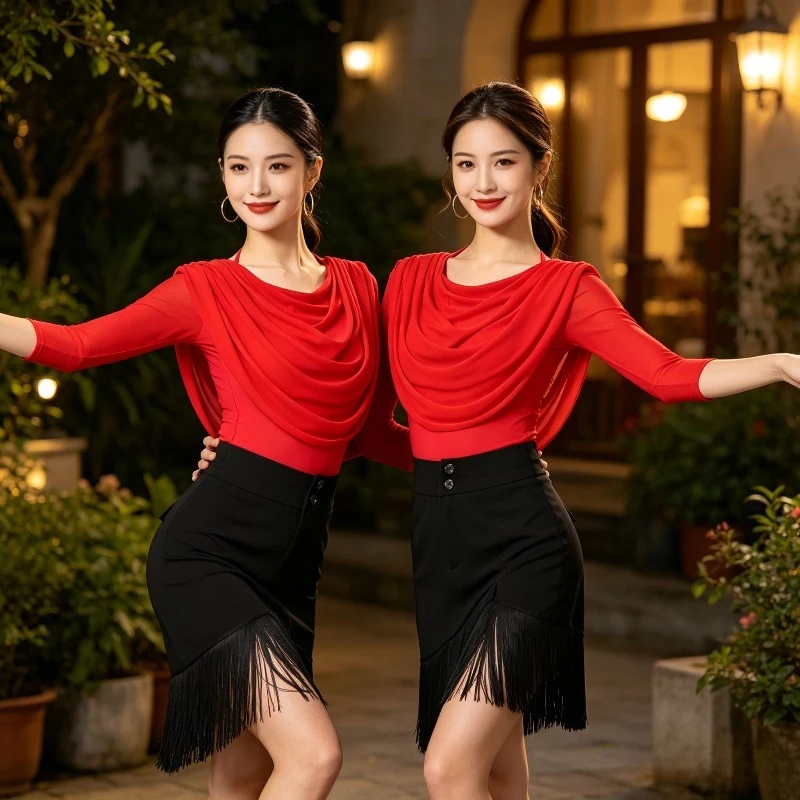 

Women Ruffle Tassels Latin Dance Top Elegant Ballroom Waltz Cha Cha Dance Costume Soft Slim Fit Practice Competition Dancewear
