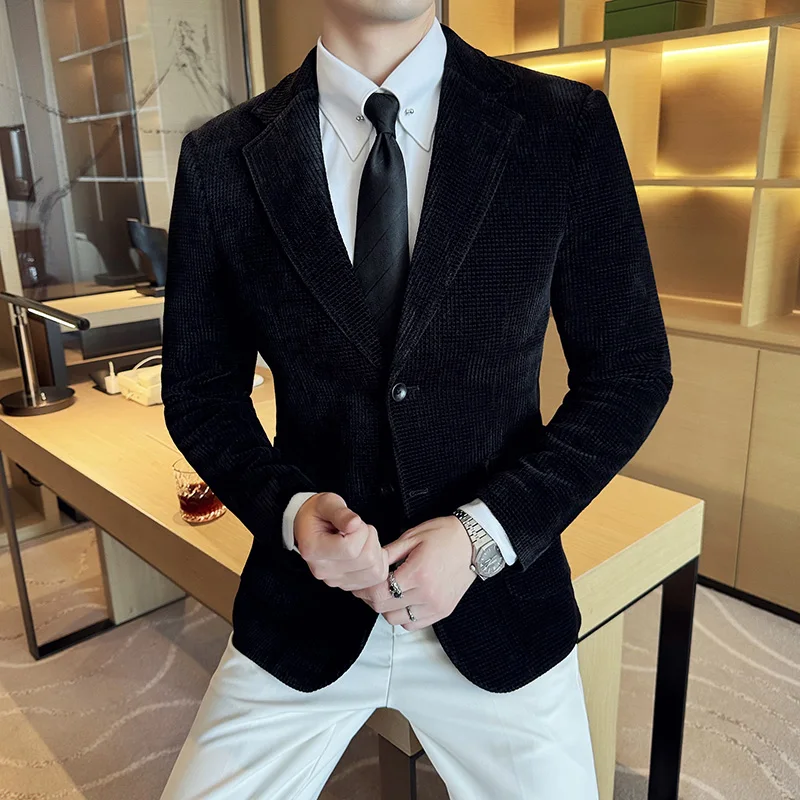 Korean Style Men\'s Chenille Suit Coat Solid High Quality Slim Fit Blazer Jacket Male Black Red White Casual Blazers Male