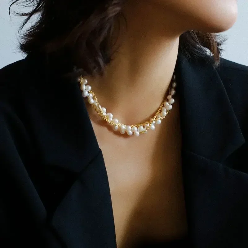 Europe America Natural Freshwater Pearl Double Layered Gold Silver Necklace Women Charm Party Jewelry Trend