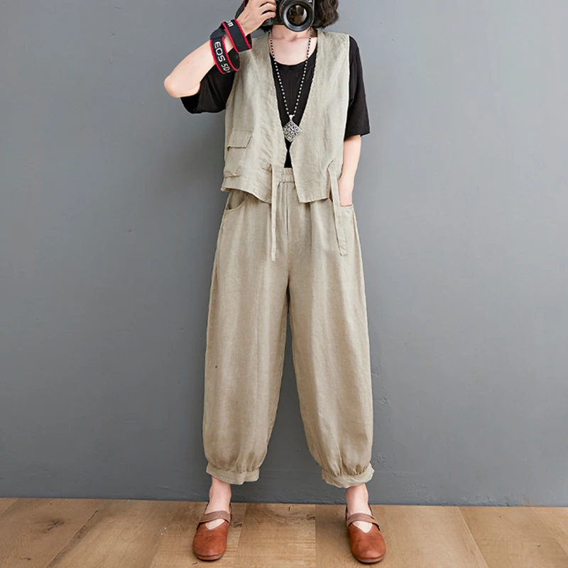 Faionable Ensemble de lin en coton Pantalon Harlan neuf pièces pour femme Jaet avec ket Taille élastique Flip Cover Design Automne Collec...