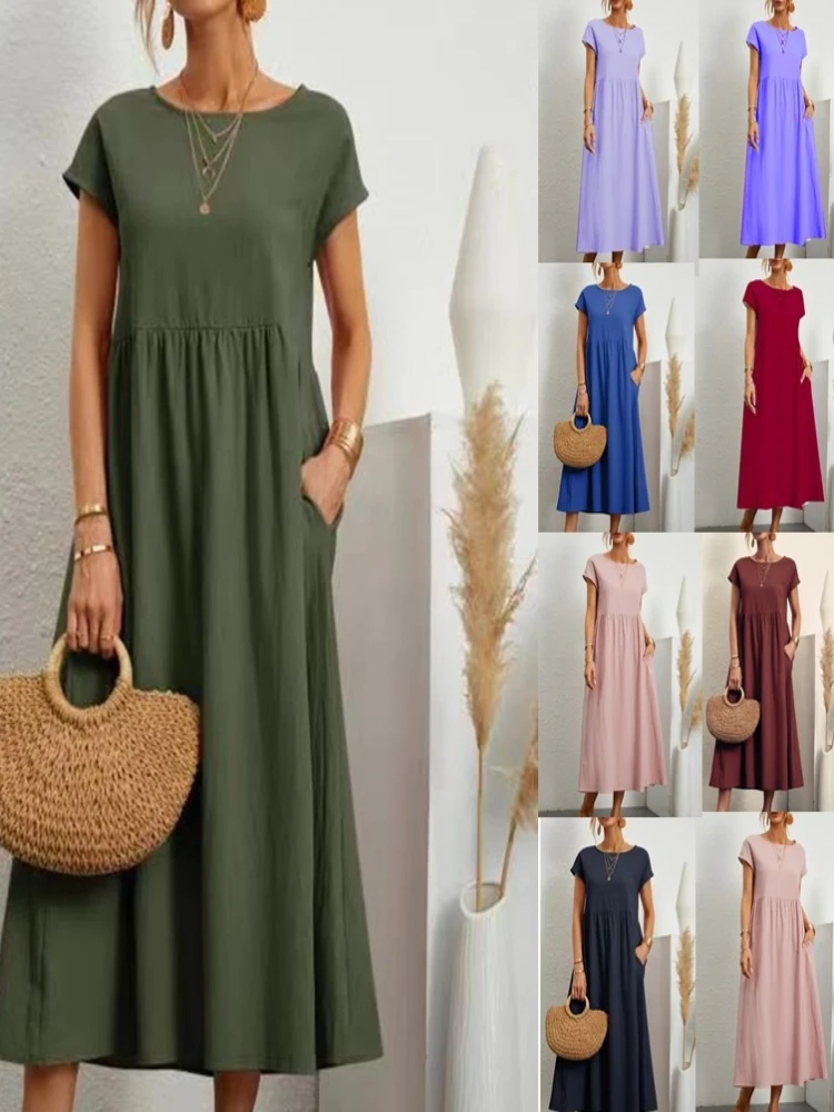 Neues Einfarbiges Ärmelloses Loses Baumwoll- und Hanfkleid mit Taschen Elegantes Pendler-Modekleid Sommerkleid Damenkleidung Sexy Kleid