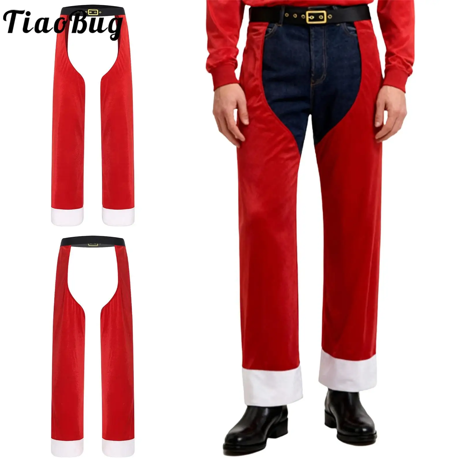 

Men Christmas Santa Claus Holiday Velvet Pants Chaps Costume Open Crotch Tassel Pants Elastic Waistband Contrast Color Trousers