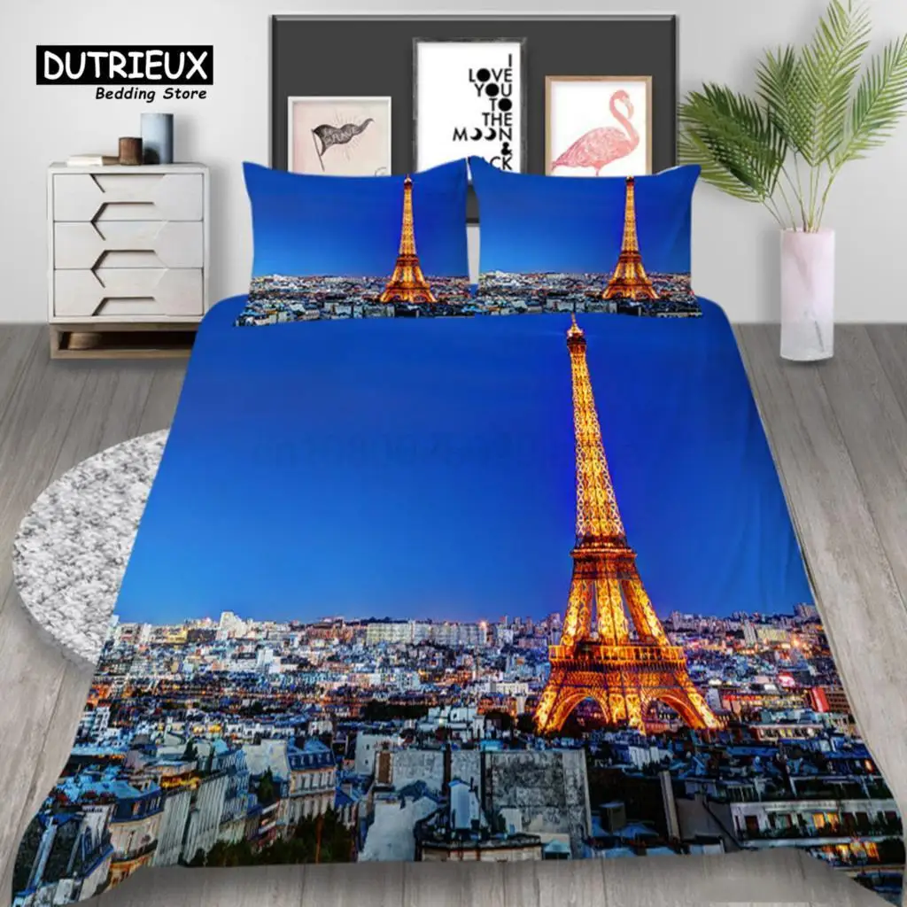 

Eiffel Tower Duvet Cover Modern French Paris Cityscape Bedding Set 3D Europe Building Comforter Cover King For Kids Adults Decor