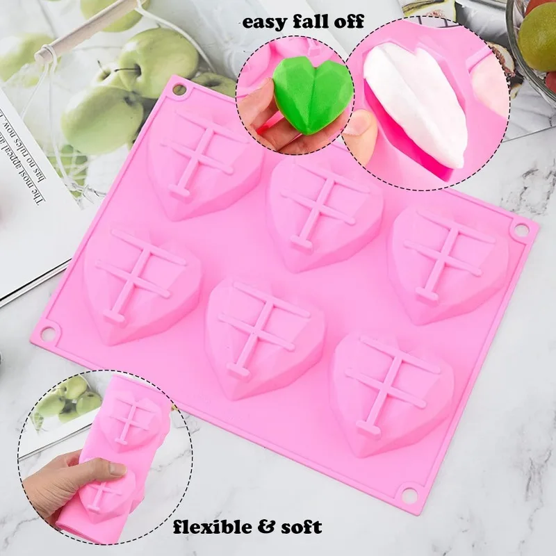 6-Cavity Diamond Heart Silicone Mold for Baking Non-Stick Valentines Day Chocolate Bomb Mold Heart Shaped Candy Soap Tray