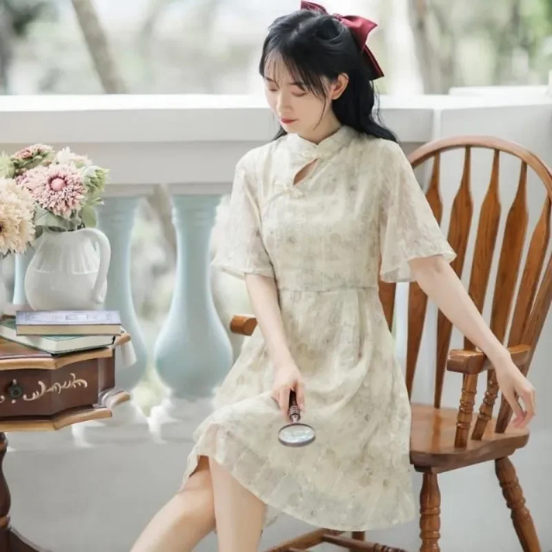 Summer Women Chiffon Improved Cheongsam Elegant Chinese Traditional A-Line Short Sleeve Party Dresses