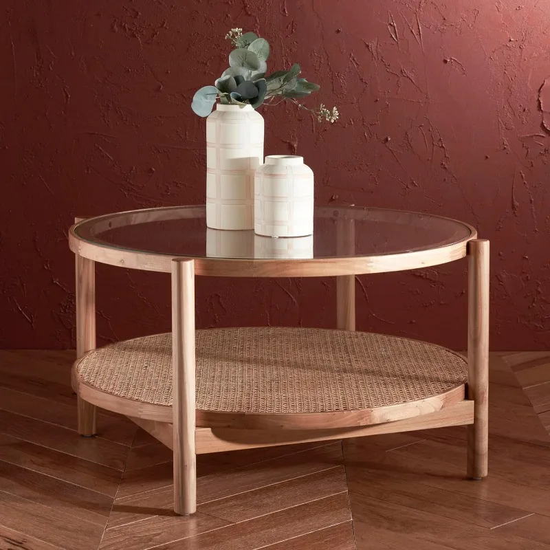 Couture Collection Karyna Natural Solid Wood Rattan/Glass Coffee Table