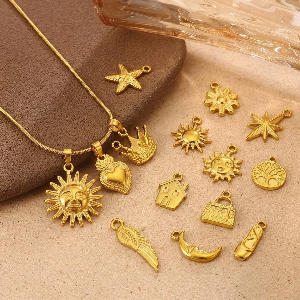 5 Stück Edelstahl-Anhänger mit Sonnen-, Herz- und Blumenmotiv für DIY-Halsketten, Armbänder, Ohrringe und Schmuckherstellung – Detail 1