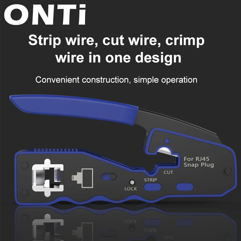 ONTi RJ45 Pass Through Crimper Tool and Rj45 Connector, Ethernet Crimper Crimping Tool Wire Stripper Cutter for Cat6a Cat5