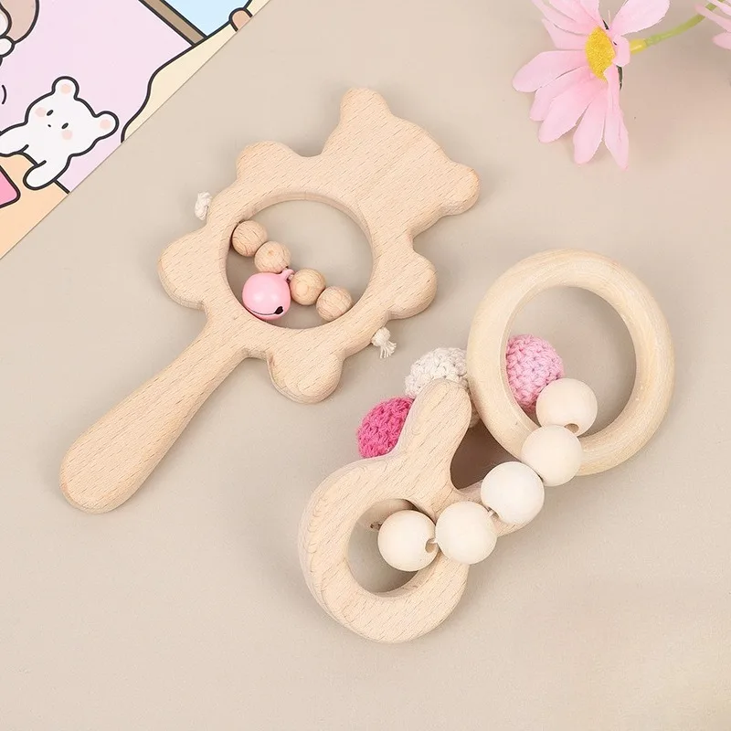 Nuovo sonaglio per bambini, giocattolo portatile, dentizione per bambini, braccialetto in legno di faggio mordibile