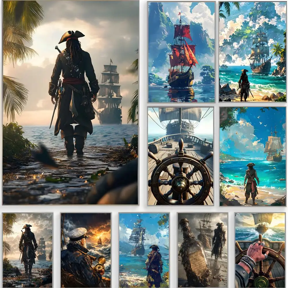 cute illustration c-caribbean pirate ship Poster Classic Wall Art  Home Decor  Peel and Stick Unframed