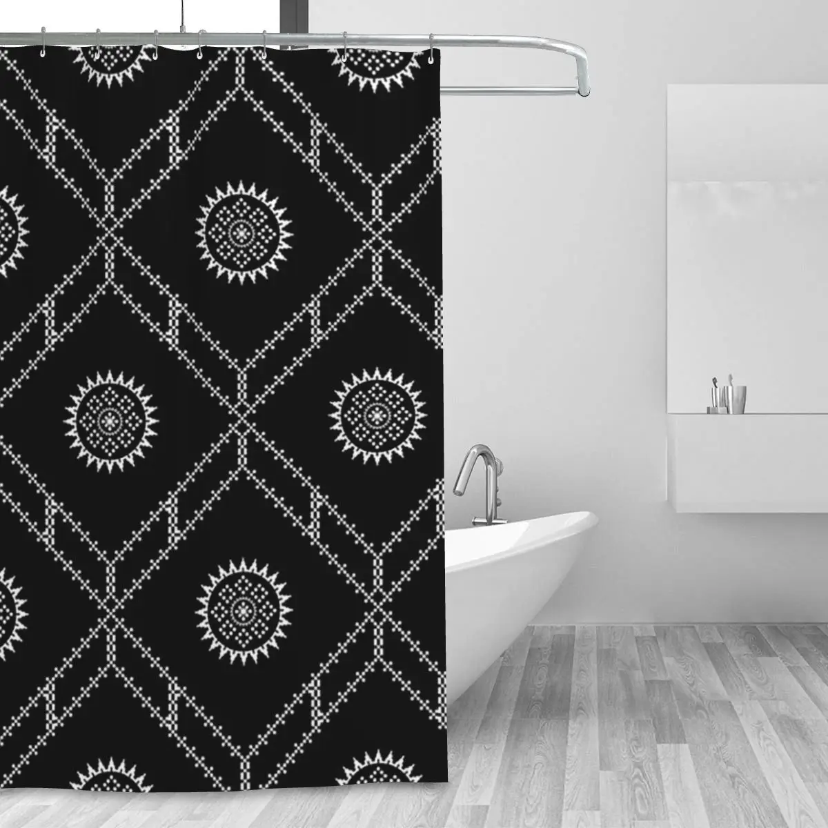 Monochrome Pixel Mandala Hexagon Seamless Pattern Shower Curtain Bathroom Polyester Waterproof Bath Curtains with Hooks