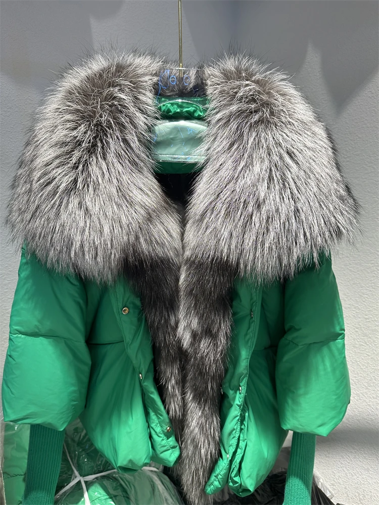 OFTBUY New Duck Down Jacket Winter Coat Women Super Large Real Silver Fox Fur Collar Jacket Knit Sleeve Fashion Luxury Outerwear