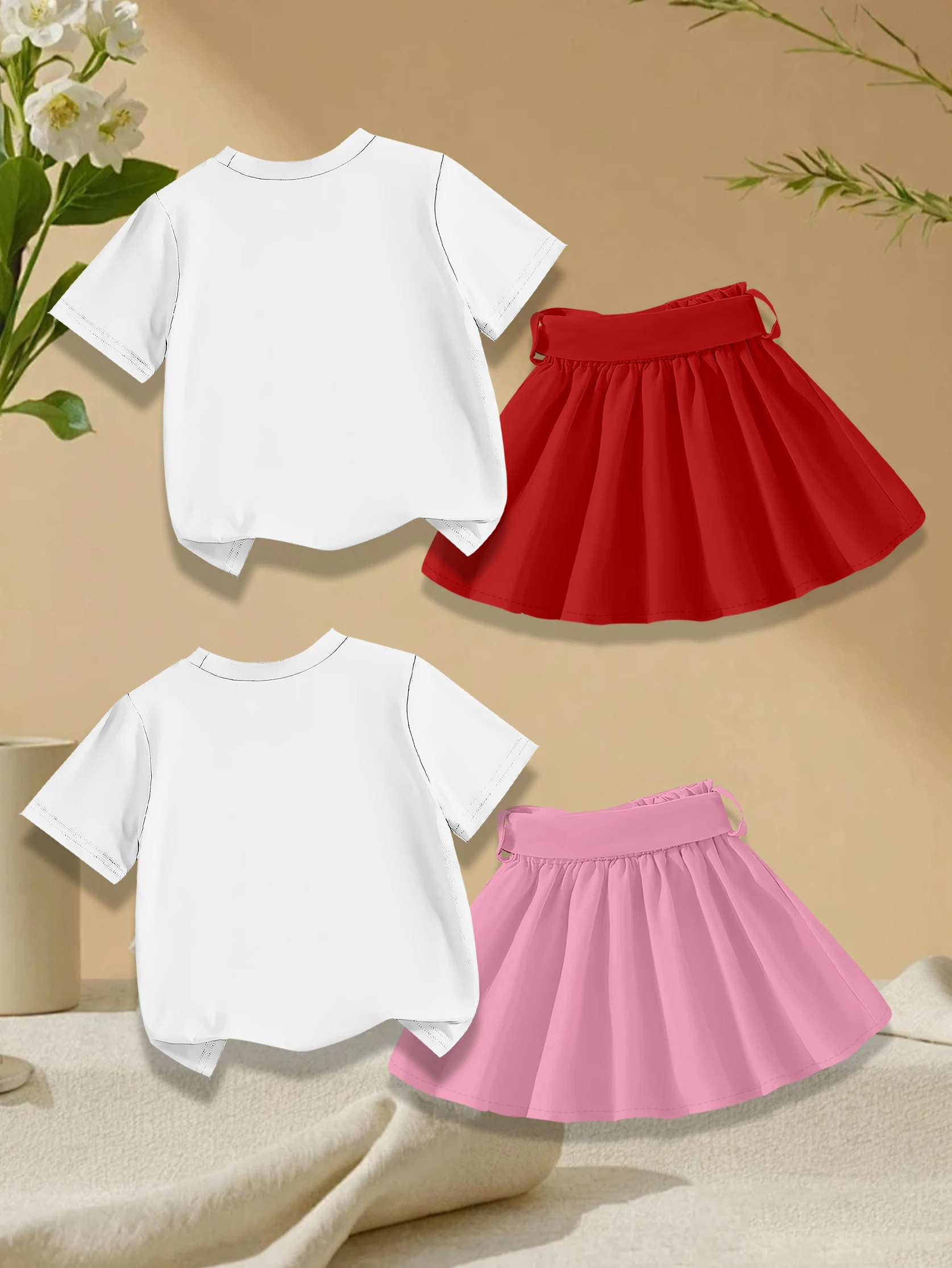 4 pieces: Valentine's Day Girls' Summer Sweet Cute T-shirt & Skirt Set - Cartoon Heart, Bear & Cherry Print