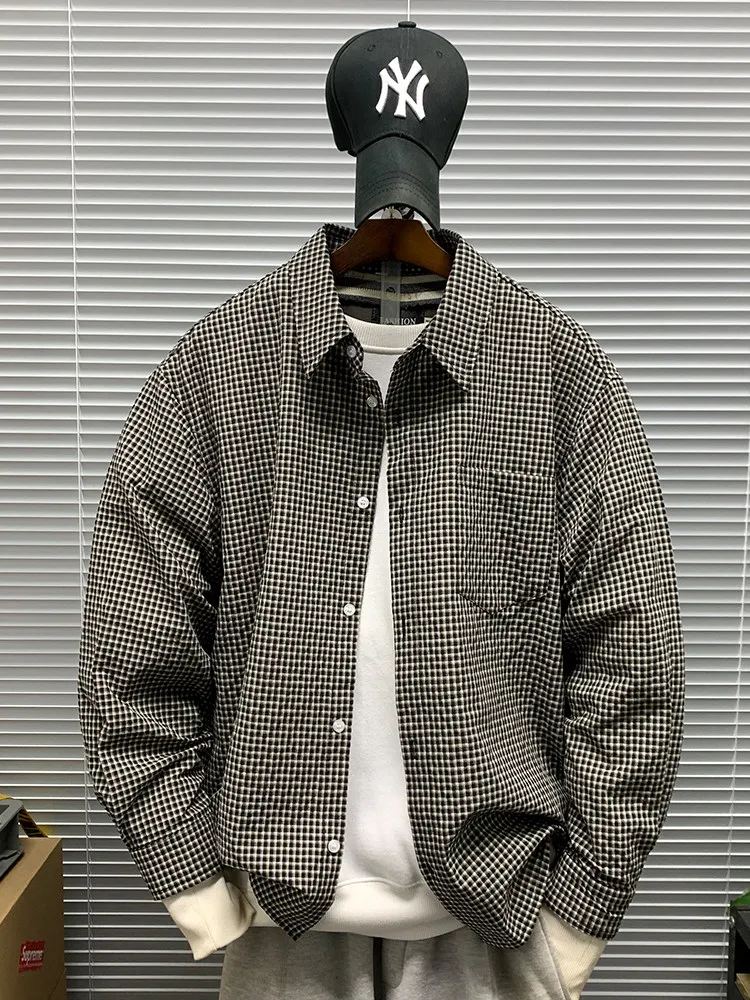 Men's Regular Fit Houndstooth Plaid Long Sleeve Shirt Japanese Retro College Style Turn down Collar Casual Spring Streetwear