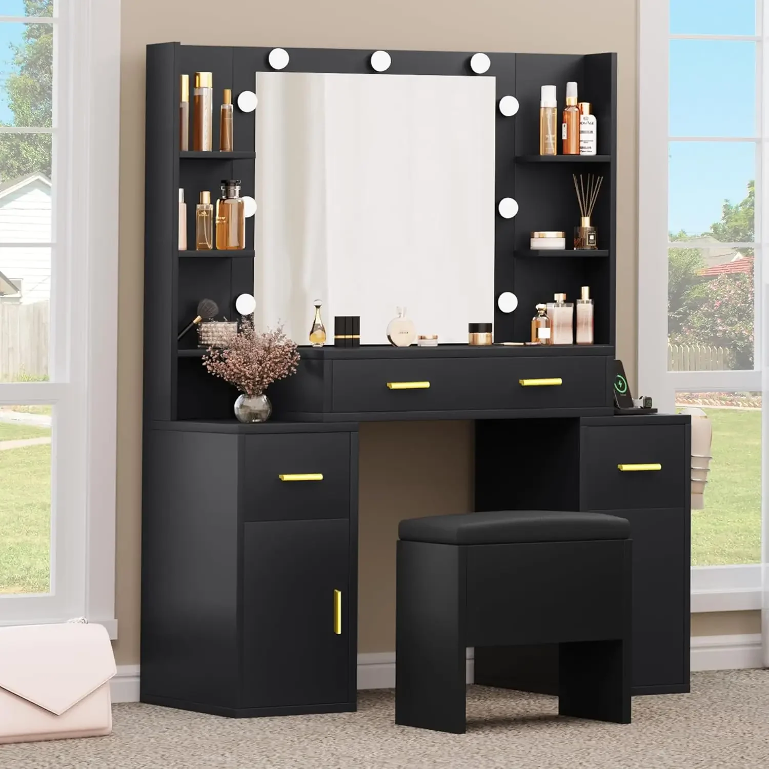 Makeup Vanity Desk with Mirror and Lights, Large Vanity Set with Charging Station, Dressing Table with Storage Bench, Makeup