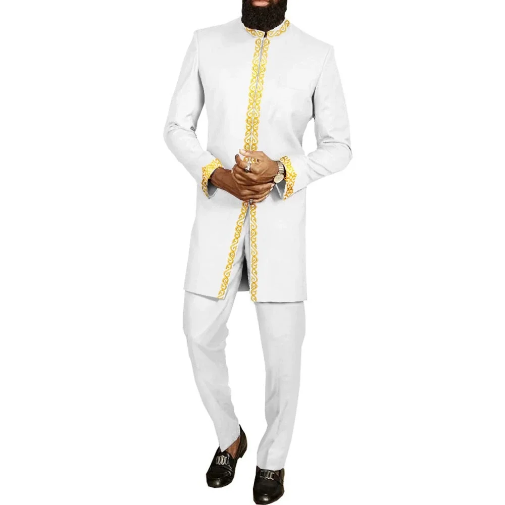 White Kaftan Men's Suit Embroidery Floral Top Pants Kaunda Suit African Casual Outfits Wear Traditional 2PCS Set Wedding Tuxedo