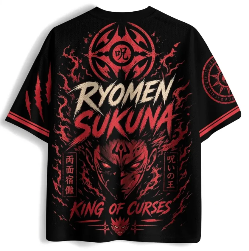 Ryomen Sukuna Printed Mesh Sports Speed Drying V-neck Anime T-shirt for 'Jujutsu War', Curse Flame Su Nuo Pattern Sports Shirt