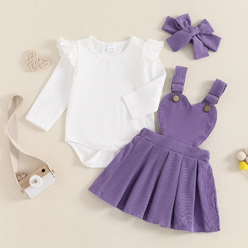 Spring Autumn Newborn Baby Girls Clothing Sets Solid Ribbed Long Sleeve Rompers with Heart Suspender Pleated Dress+Headband