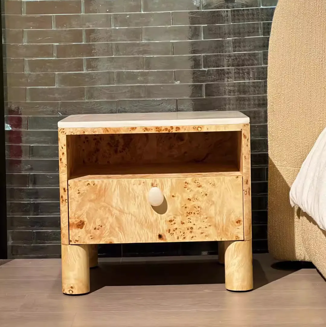 Retro design bedside table with tree knot leather surface ancient style solid wood bedside table