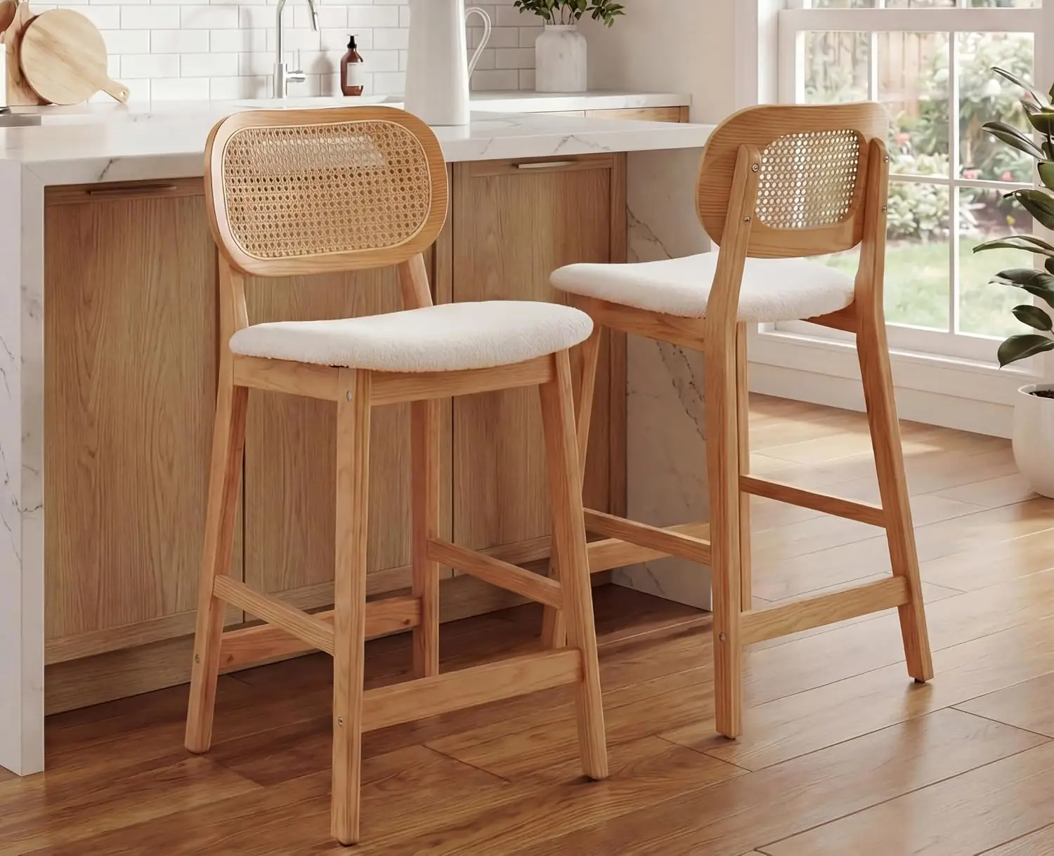 Counter Height Bar Stools Set of 2 Rattan Back Farmhouse Barstools Mid Century Modern Wood Bar Chairs Comfortable Sherpa