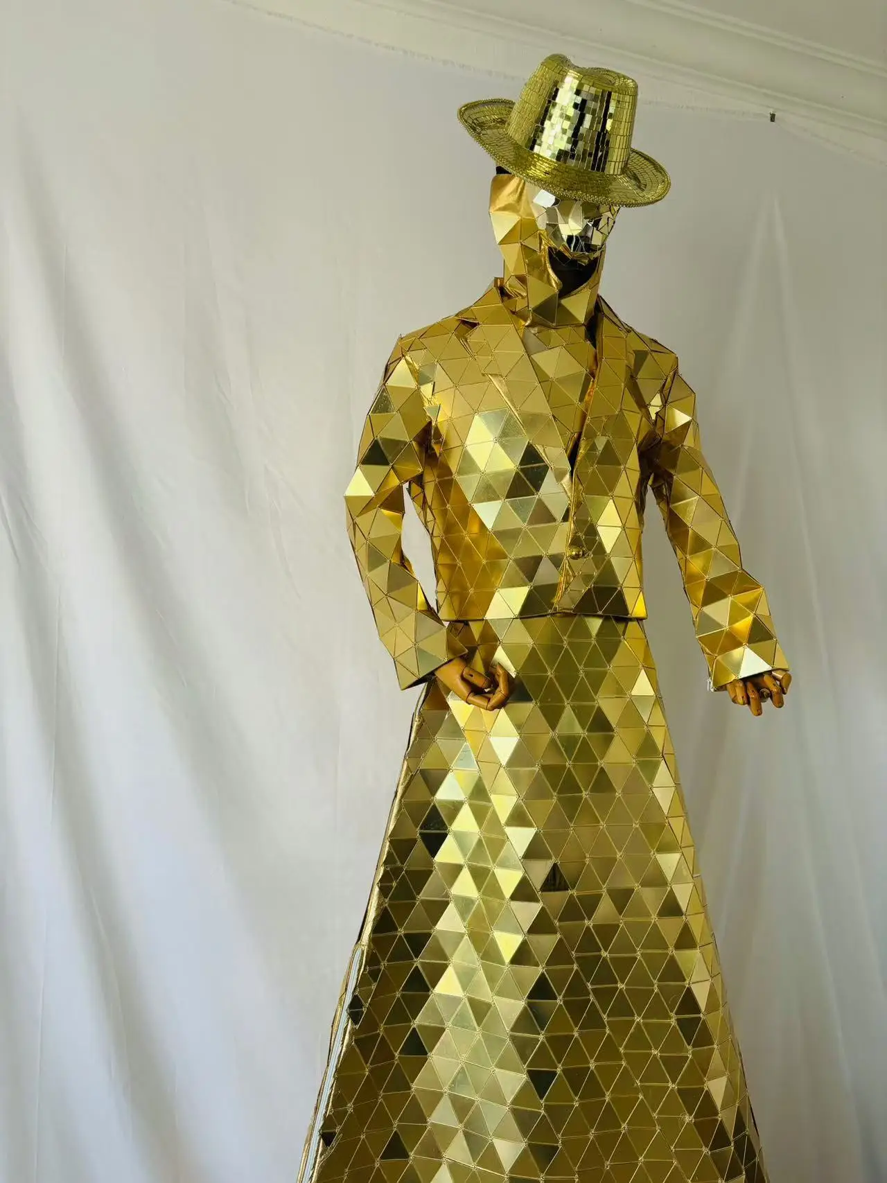 Women Shiny Gold Mirror Dress Stilts Walker Show Performance Costume