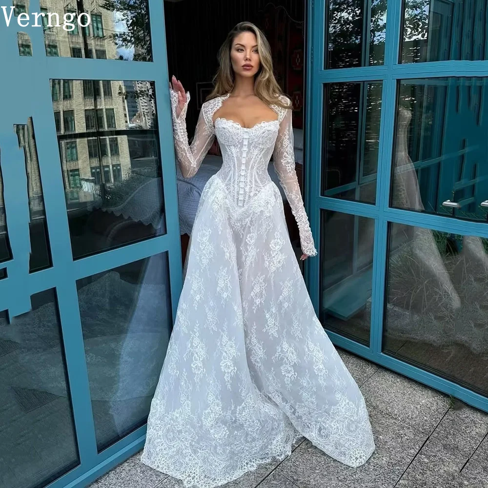 

Verngo Lace Organza Wedding Dress Sweetheart A Line Full Sleeves Bridal Gowns Elegant Arabic Bride Dress Customized