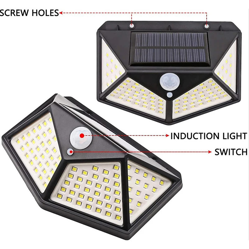 Lampy solarne Zewnętrzne lampy ogrodowe Lampy ścienne z czujnikiem ciała Czterostronne 100-LED Akumulatorowe oświetlenie domu Lampy uliczne