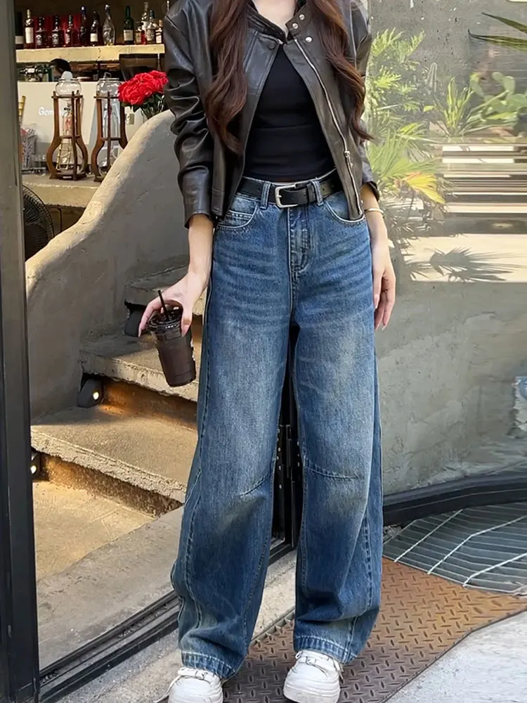 

Thiened Fce Широкие джинсы с высокой талией для похудения Свободные прямые косой брюки Женские зимние новые винтажные гонконгские брюки