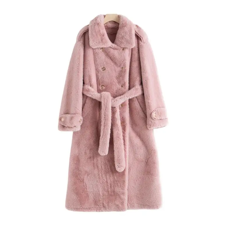 

Женская одежда 2025 года, двубортное пальто из искусственного меха с поясом, новинка зимы 1115