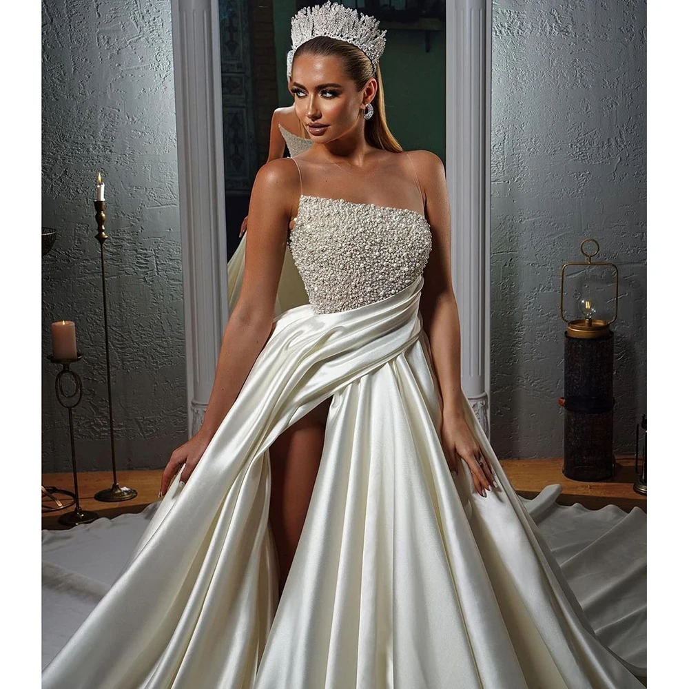 

2024 Luxury Wedding Dresses Royal Train Side Split Pleat Elegant Bridal Dress Beading Pearls O-Neck Gowns for Formal Occasion