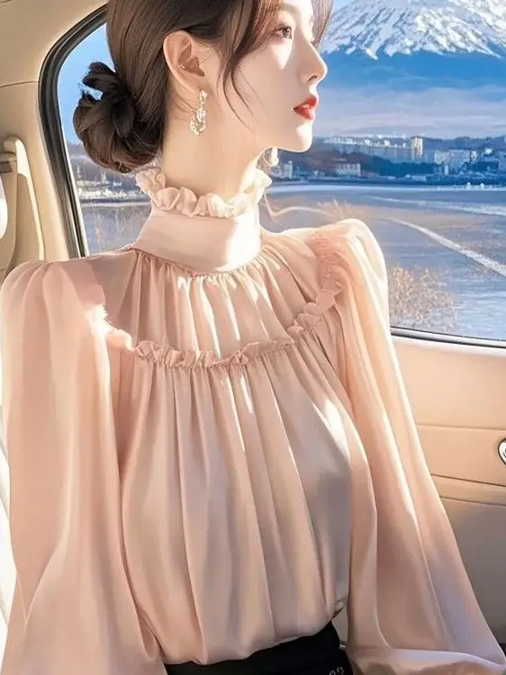 

Розовая шелковая женская блузка Bubble Sve с цветочным принтом, высококачественный антивозрастной моющийся топ Fairy T Sle f с высоким воротником