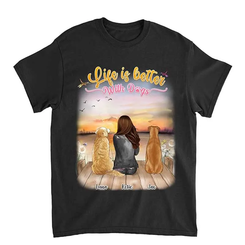 Personalized Women T Shirt Life is Better with Two Dog T-Shirt for Mom Custom Shirt with Name and Picture