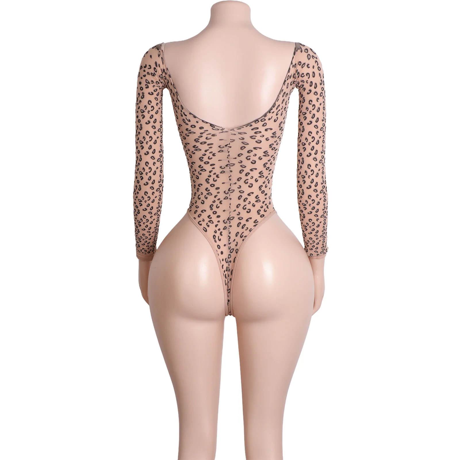 Tanga mit Leopardenmuster, Netz-Bodystocking, lange Ärmel, exotische Clubwear, Tänzerin, Kostüm, Performance, Nachtclub-Outfit
