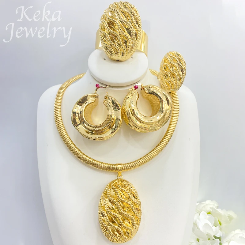 Big Size 4PCS Gold Color Wedding Jewelry Set Wave Design Bracelet Ring Necklace Hoop Earrings Italy Luxury Jewelry Accessories