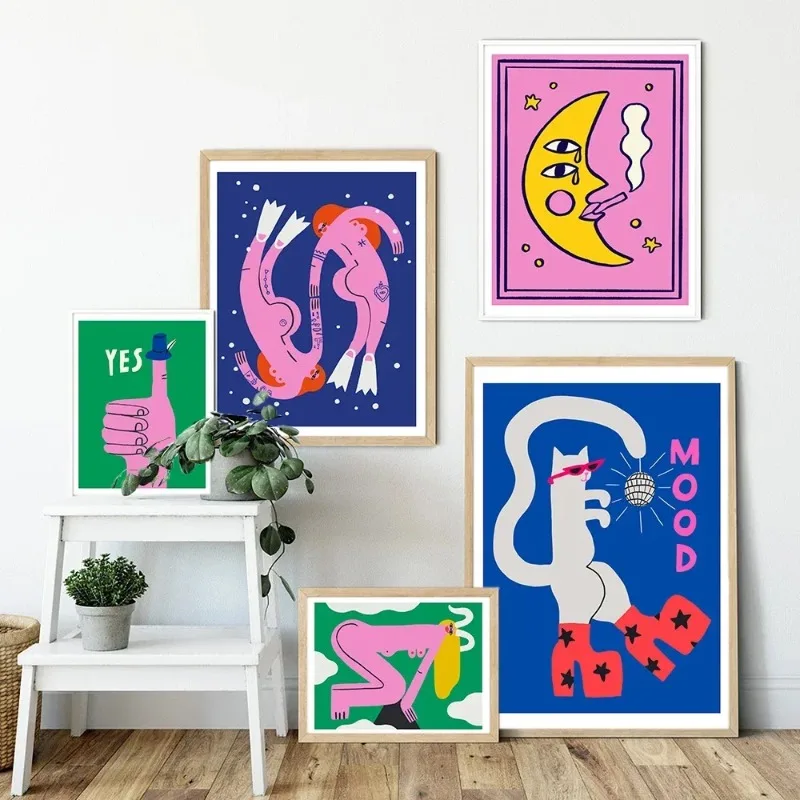 (2D-Leinwandgemälde) Cartoon-Katze, Stimmungsposter, Fische, Widder, Posterdruck, abstrakter Körper, Mond, Dame, Wandkunst, Bilder für Kinderzimmer, Nr.