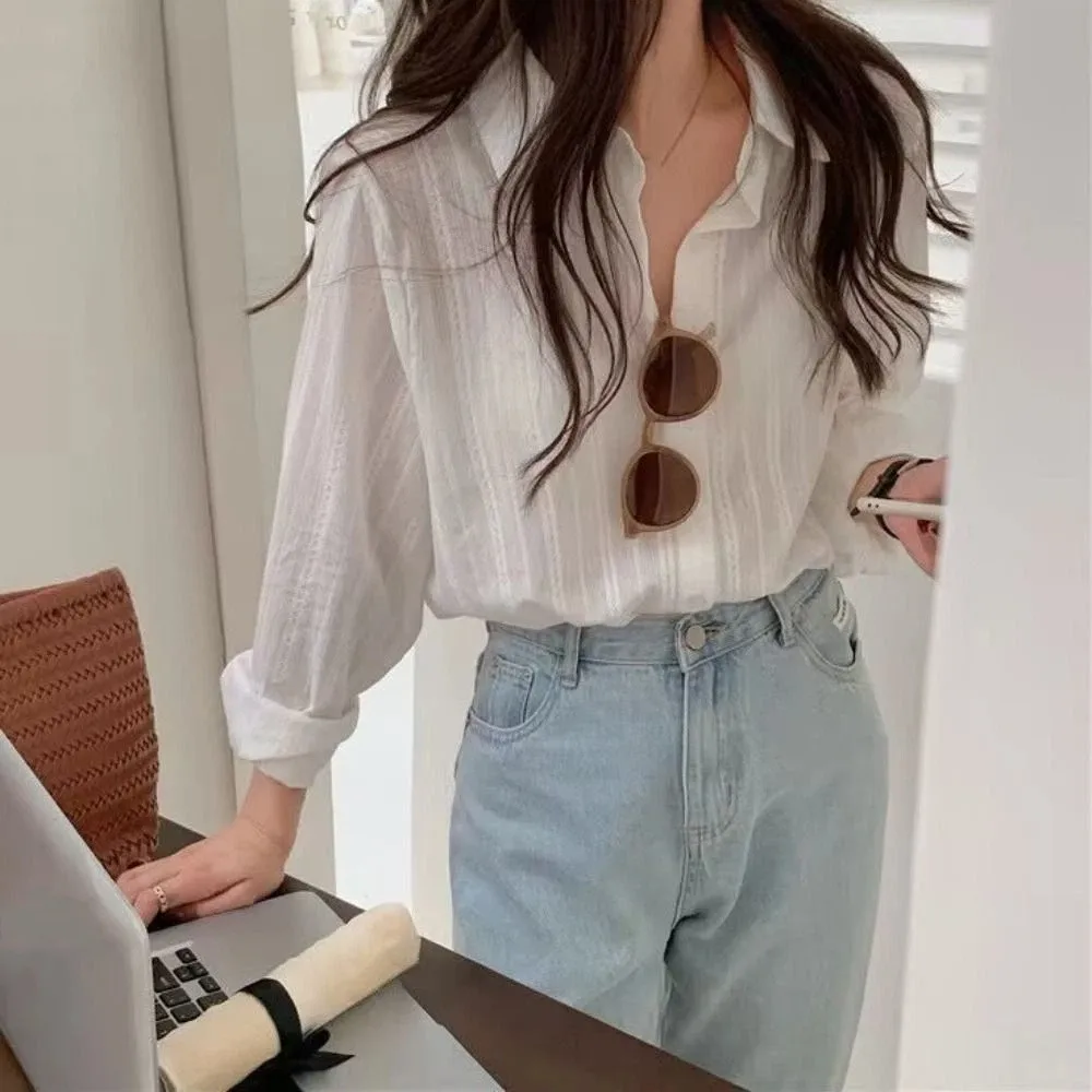 قميص Sweet Strip، بلوزة فضفاضة كاجوال بأكمام طويلة، قميص رفيع للحماية من الشمس بأزرار للنساء لربيع وخريف وصيف #4