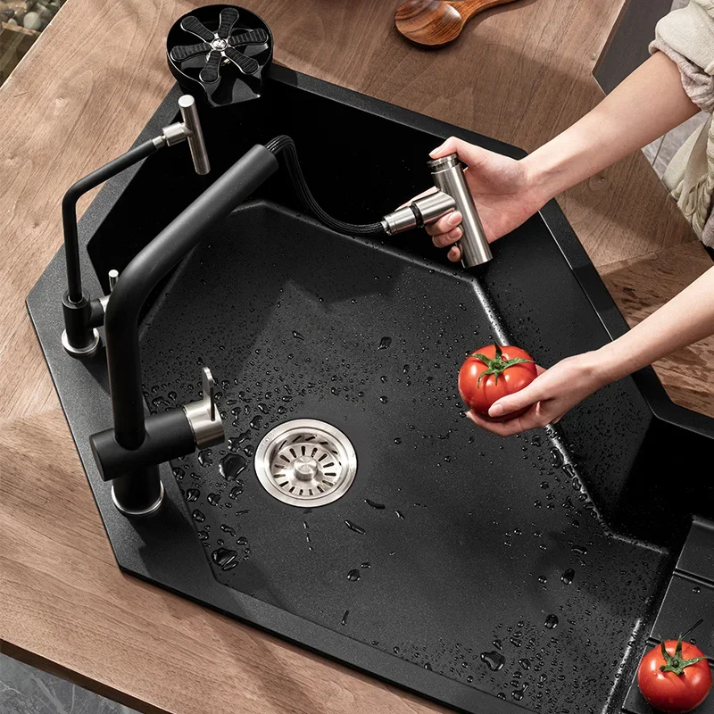 コーナーダイヤモンド型シンク、クォーツストーン大型シンク、キッチン変形野菜洗い桶、御影石食器洗いシンク