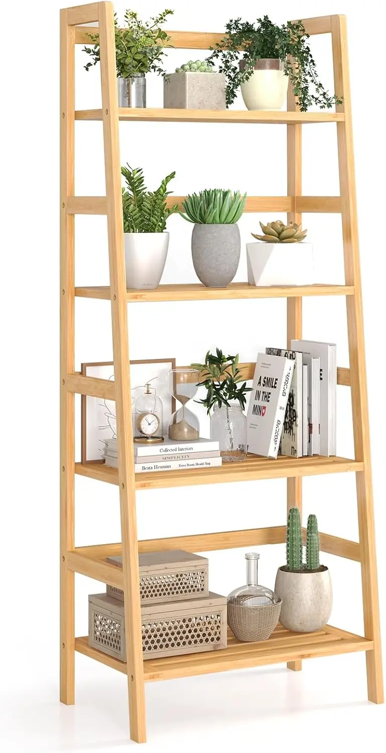 4-Tier Bookshelf, 47.5"" Bamboo Open Bookcase Book Shelf With Storage, Freestanding Display Shelving Unit Plant Stand, Ladder