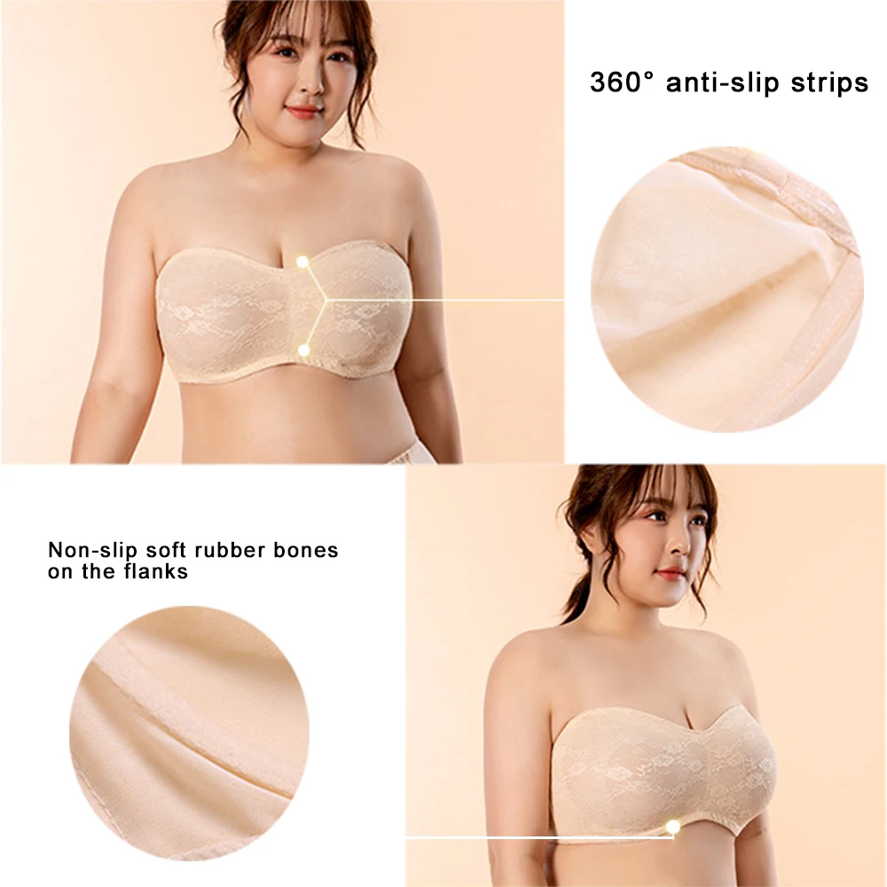 Women\'s Strapless Bra Lace Big Size Bras soft bone push up Strapless Bra Plus Size Bralette B C D E F