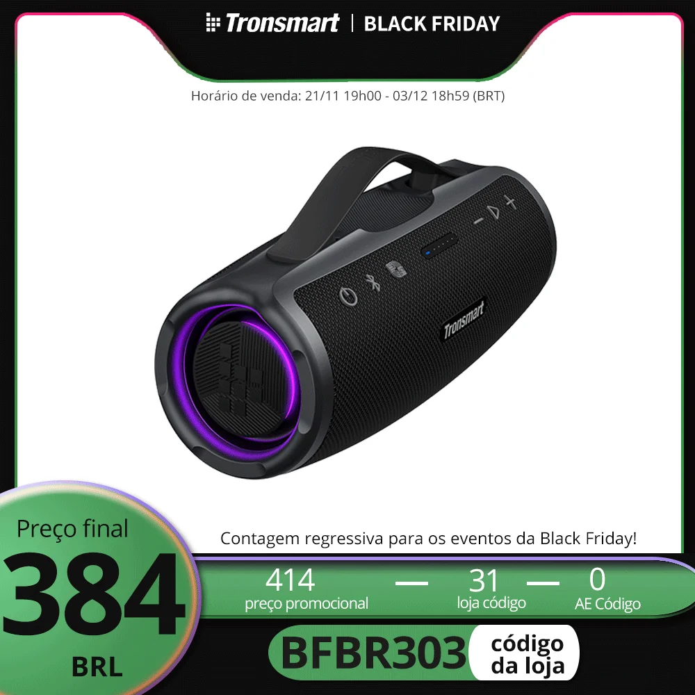 caixa de som bluetooth Tronsmart Mirtune S100, 50W caixa de som com IPX7 À Prova D' Água, Controle APP, Blilt-in Powerbank & alça retrátil, para atividades ao ar livre, acampamento