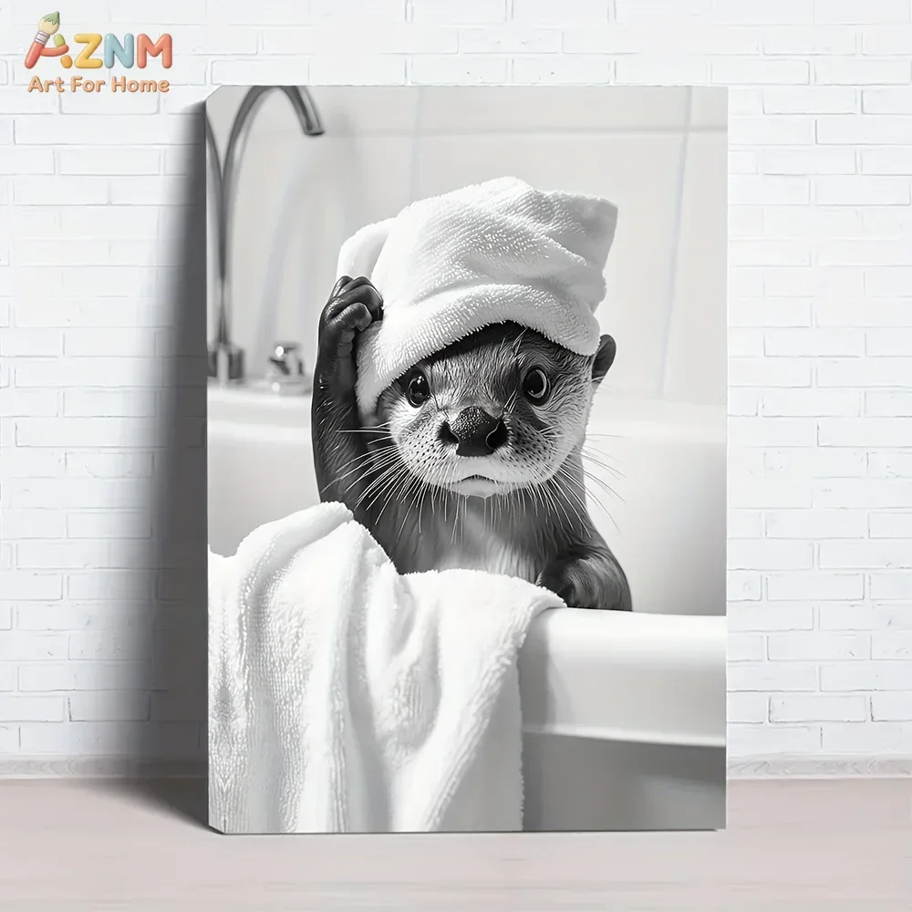 AZNM Cute Otter Bath Canvas Wall Art, Black And White Otter With Towel In Bathtub Print, Funny Animal Bathroom Poster For Restro