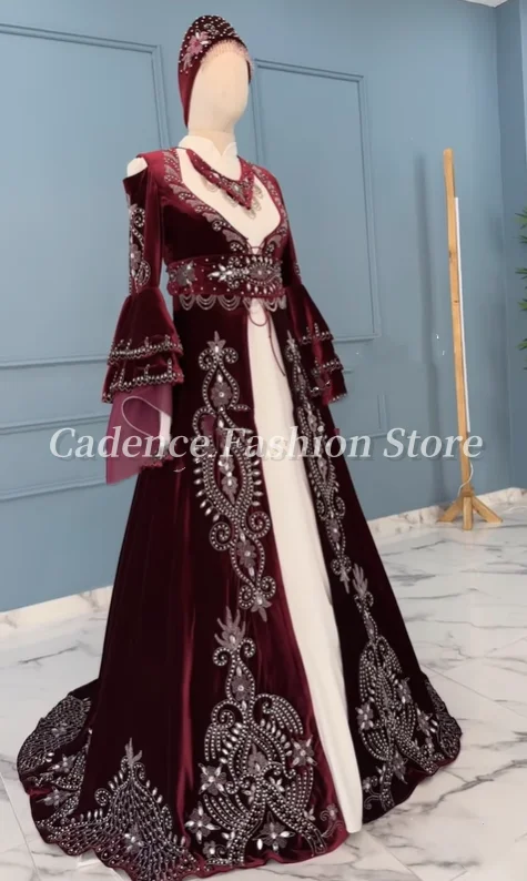 맞춤형 부르고뉴 전통 여성 두바이 이브닝 드레스 럭셔리 페르시 아플리케 아라비안 로브 플레어 슬리브 댄스 파티 드레스